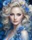 Placeholder: smiling blonde with a complex hairstyle, in a beautiful dress, dress with flowers, photo realism, huge blue eyes, delicate shades, electric blue, shimmer, surrealism, careful drawing of details, quartz threads, volumetric watercolor, aesthetically pleasing, 3D, professional photo, realistic photo, dark botanical, dark fantasy, detailed, illustration, 64k, 1/500s, f/5.6, ISO 150 long shot