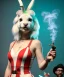 Placeholder: Ultra realistic photographic party portrait, sound club, wide-angle lens, couple, cinematic, happy blonde woman smoking a shisha pipe, accompanied by big white rabbit friend, hot, circus dress style, marihuana plants, color smoke, soft color, highly detailed, unreal engine 5, ray tracing, RTX, lumen lighting, ultra detail, volumetric lighting, high definition.