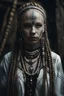 Placeholder: Porträt einer jungen Schamanin mit langen weißen Braids, und schwarzer Haut. Sie trägt ein Kleid im Zigeunerstil und hat weiße Augen und Tätowierungen auf dem Gesicht im Fantasy Stil.