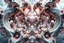 Placeholder: Dynamic complex hypnotic fractal 3D Symmetrical structures with mirrors twisting and morphing between organic and geometric forms , smooth translucent iridescent glass with inner glow and bubbles, varied transparent materials, stormy skies, intense dramatic