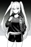 Placeholder: blonde girl with ponytails dressed in a jacket and shorts walks proudly, greyscale