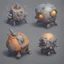 Placeholder: Set of 4 cute and adorable moch, in different shapes, satellite view, fantasy style, game assets details, 8K, solid gray background, highly detailed, highest quality, octane rendering, no cross