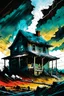 Placeholder: create a dreamscape illustration of a farmhouse disintegrating in a massive, violent tornado , with highly detailed features, in the comic art style of FRANK MILLER and BILL SIENKIEWICZ, searing lines and forceful strokes, precisely drawn, boldly inked, with gritty textures, vibrant colors, dark and dramatic otherworldly lighting