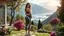 Placeholder: a picture of very beautiful lady with makeup and beautiful sports pant and top and sports shoes with hula hoop in her hip,standing in a nice villa yard with trees flowers ,in country side in floor of beautiful mountains ,sea with ships ,water falls,16 by 9