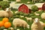 Placeholder: lifelike photography, vegetable and fruit landscape, broccoli forest, chive field, cauliflower sheep, orange sun, whipped milk clouds, raspberry flowers, cheese barn and haystack in sunshine