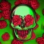 Placeholder:  green android skull surrounded by roses, metallic, realistic, volumetric lighting, shiny, fit in board, full figure