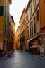 Placeholder: Generate a street picture of an italian city. Standing in the middle of the street where the buildings are different shades of olive green and the background midday sun is royal yellow. Add corner cafe’s and the end of the street is never seen. Just a horizon