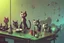 Placeholder: Happy cats sitting on a table :: industrial robotic cats, characters from machinarium pictoplasma, assemblage of naive art and les automatistes, by Alexander Jansson and Leo Lionni, a storybook illustration of a surrealist cat sculptures, cgsociety and behance contest winner