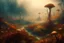 Placeholder: paisaje otoñal extraterrestre con flora carnívora y fauna etérea de fantasía con iluminación fría al estilo de El Bosco