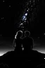 Placeholder: black background on a mountaintop with two silhouettes of a fit man and a silhouette of a fit woman sitting close to each other almost touching and looking at the stars