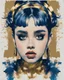 Placeholder: Poster in two gradually, a one side the Singer Danish MØ face, and other side the Singer Melanie Martinez face, symmetry, painting by Yoji Shinkawa, darkblue and gold tones,