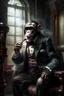 Placeholder: A portrait of a thoughtful chimp in gentleman 's style smoking a pear tobacco pipe like Sherlock Holmes against the backdrop of an aristocratic Victorian hallway .