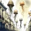 Placeholder: Prompt: imaginary lamp posts - street lamps that look like tall jellyfish, their tentacles gently swaying, pencil, aquatic, urban --no people (During the day, jellyfish go back to the ocean to rest)