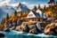 Placeholder: pretty dream houses in rocky mountain in wavy sea side, 1beautiful lady standing on rock