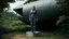 Placeholder: An ultrawide-angle, photorealistic image of an adventurous, slender, fifty-year-old woman from the future, dressed in a tailored, full-body spacesuit, stands to the right of her huge, wide, wingless cargo spaceship. Her uncombed, blond hair has bangs. Standing on a metal box in a jungle clearing.