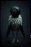 Placeholder: Oddball horror, color photograph featuring glitchy negative space, "SARDONIC HARMONY, creeping nihilism, anthropomorphic shambling feather creature with a featureless black round head with a white spiral pattern,