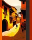 Placeholder: bustling medieval Kathmandu street, thick impasto painting, centered, minimalist, thick sparse brushstrokes, bold colors of orange, beige, yellow, red and black, sporadic tint ink leaks, perfect verticals, amazing parallel