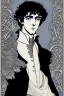 Placeholder: Black haired blue eyed freckled young male wizard in the style of aubrey beardsley