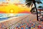 Placeholder: create a digital mosaic landscape of a seafront walkway, beach promenade paved with multicolor mosaic stones, rising sun made of glowing tessellated fragments, sky composed of abstract colorful stained glass patterns, serene and artistic sunrise vibe --ar 3:2 --v 7 --style raw