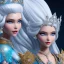 Placeholder: Ice Princess with white hair smilling, a crown with precious stones, bright background