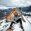 Placeholder: bearded man in a coon skin cap sitting on the roof of a rustic triangular shaped cottage holding a smart phone up over his head trying to get a signal, mountainous terrain, patchy snow on the ground and on the roof, cloudy day, photographic