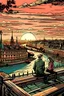 Placeholder: romantic, city panorama vienna with charakterictic architecture, comics style, two people, sunset, river