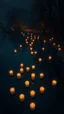 Placeholder: Candles floating on the water of a river , in the style of bosch nightmares , top view and there are trees on the river bank in romantic night view