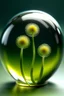 Placeholder: A human embryo is floating inside a semi-transparent sphere, and from this sphere, grass and dandelions are growing.