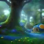 Placeholder: Sacred forest on an alien planet, giant blue trees, cute mushrooms, glowing flowers, bright sun through trees, little hobbit house, highly detailed, artstation, concept art, smooth, sharp focus, illustration, 8k