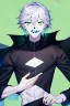 Placeholder: plauge doctor in balck leather clothes with silver hair, pale skin and bright green eyes smiling with sharp teeth, nice young face, male, viscious smile