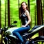 Placeholder: Very attractive woman sitting on a motorcycle. The bike is Yamaha. In the background is a forest. Realistic details. Photorealistic. 4K. Wide-angle lens.