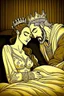 Placeholder: A king and queen both beautiful innocently on the bed about to go to sleep her face on his shoulder not showing more animated