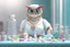 Placeholder: Owl nurse in nurse costume made of tyffany glass and gemstones spreading pills, she is wearing necklaces made of medicines in a hospital room in sunshine
