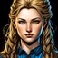 Placeholder: Teenage girl, dark blonde hair in fishtail braids twisted into a little bun, timid hazel eyes, shining marvel comic book style, looking into camera, front facing,