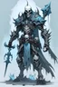 Placeholder: dark fantasy, male, parody (medieval knight), ghoul, humanoid monster, skin (pale blue), bestial face (bat), full body (weapons, legs), unfull-armor (bones), pose (hunchback)