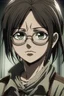 Placeholder: The character of a girl whose hair reaches her shoulder is slightly scattered, a dark brown color as if it is black and her eyes as well, and she wears medical glasses while she is black from anime. attack on titan