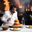 Placeholder: Frank Zappa participate au meilleur pâtissier 2020, his cigarette in the mouth and a bottle of rhum for his dessert un épais flaming baba au rhum in fire