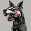 Placeholder: left facing head of angry Terrier dog with blood shot eyes and bloodied teeth, a ball chain collar around neck, a chain leash attached to collar, vector