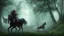 Placeholder: warrior sorcerer leading a black horse on forest path