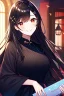 Placeholder: girl, masterpiece, best quality, cinematic lighting, detailed outfit, vibrant colors, perfect eyes, long hair, black hair, red eyes, hairclip, black kimono, indoors, smile, sparkle, depth of field,