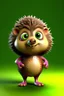 Placeholder: slatki mali jež kao iz crtića 3D je oblika, smeđe je boje, može stajati na dvije noge, ima zelene oči, roza bodlje, srednje je veličine, može ispaljivati bodlje, spašava svijet, bijela maska za oči i čupav je, u rukama drži mobitel