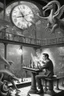 Placeholder: news paper journalist horror harlequin playing burning chess geese dinosaur reptiles in very bright light bulb factory on the bridge with twisted ladders with the most a confused look on his face in front of a huge glass prism clock with angels, in the style of Escher and Dali and Cthulhu