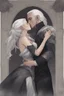 Placeholder: Strahd Von Zarovich being kissed by a beautiful woman with white hair, wearing an off the shoulder dress. Settling and background are a lavish toomb with an ebony coffin.