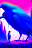 Placeholder: giant blu bird pecking small man in the metaverse style of beeple