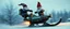 Placeholder: close up on gnome hit man with rocket boots in suit on a mech sled doing jumping stunt in winter wasteland, style of fallout 4, high speed with motion blur, on elevated road