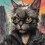 Placeholder: create a wild caricature of a grizzled streetwise cyberpunk female mercenary Black cat, highly detailed with refined feline features in the cartoon caricature style of Gerald Scarfe and Ralph Steadman precisely drawn, boldly inked, vividly colored, 4k