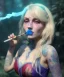 Placeholder: Ultra realistic wonderland photo, happy blonde woman smoking a shisha, blue dress, big purple-cat friend, circus dress style, old school tattoo, smoke, marijuana garden, glow eyes, perfect iris, soft color, highly detailed, unreal engine 5, cinematic, ultra detail, volumetric lighting, high definition.