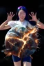 Placeholder: An image of a young Korean woman with a eyes closed expression happy, holding her hands up as if she is reacting to a catastrophic event in front of her. Film, cinematic, realistic, extreme depth of field, She is wearing a white blouse with detail, blue shorts, and sunglasses pushed up onto her head. In front of her, there is a highly detailed planet resembling Earth, dramatically cracking and breaking apart with fiery explosions and molten lava visible at the fractures.