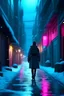 Placeholder: winter, a pretty woman walking in an alley, neon lights, snow falling, cold, empty streets, fantasy world, 4k