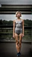 Placeholder: beautiful asian anorexic woman, total shot, short silver triathlon swimsuit, short blond wavy bob hair, blurred concrete background, grey triathlon swimsuit